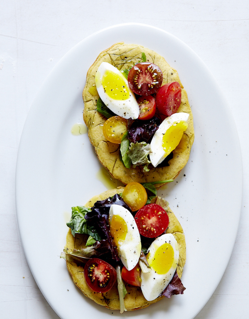 Chickpea Socca with Cherry Tomato, Soft-Boiled Egg, & Mesculin Greens_quick healthy egg recipes
