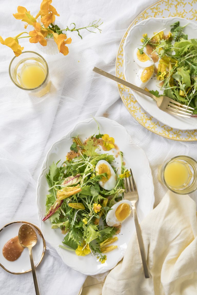 Baby Greens with Beet Leaves, Soft Boiled Egg and Hot Guava Dressing_quick healthy egg recipes