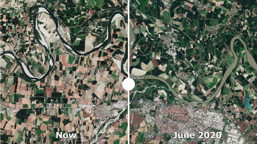 Dürre in Italien: Vergleichen Sie Satellitenbilder, um zu sehen, wie sich der Fluss Po in zwei Jahren verändert hat