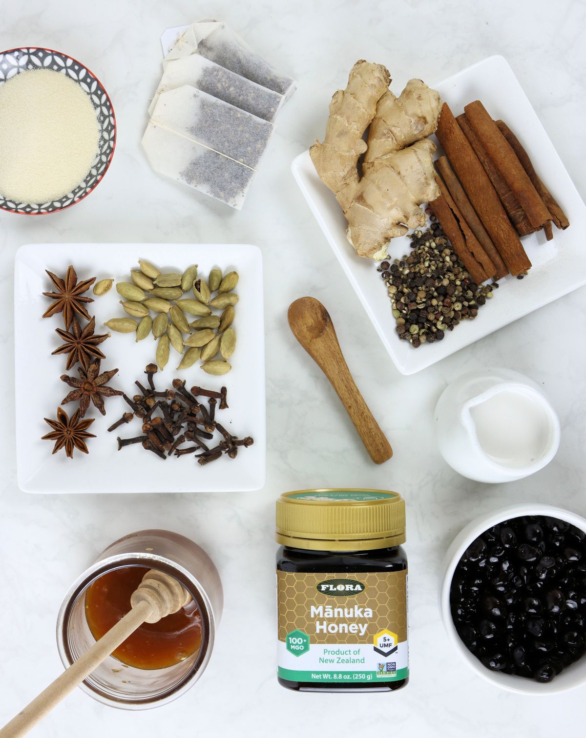 The ingredients found in Chai - Cinnamon, Ginger, Honey, Clove, Star Anise, and Cardamum