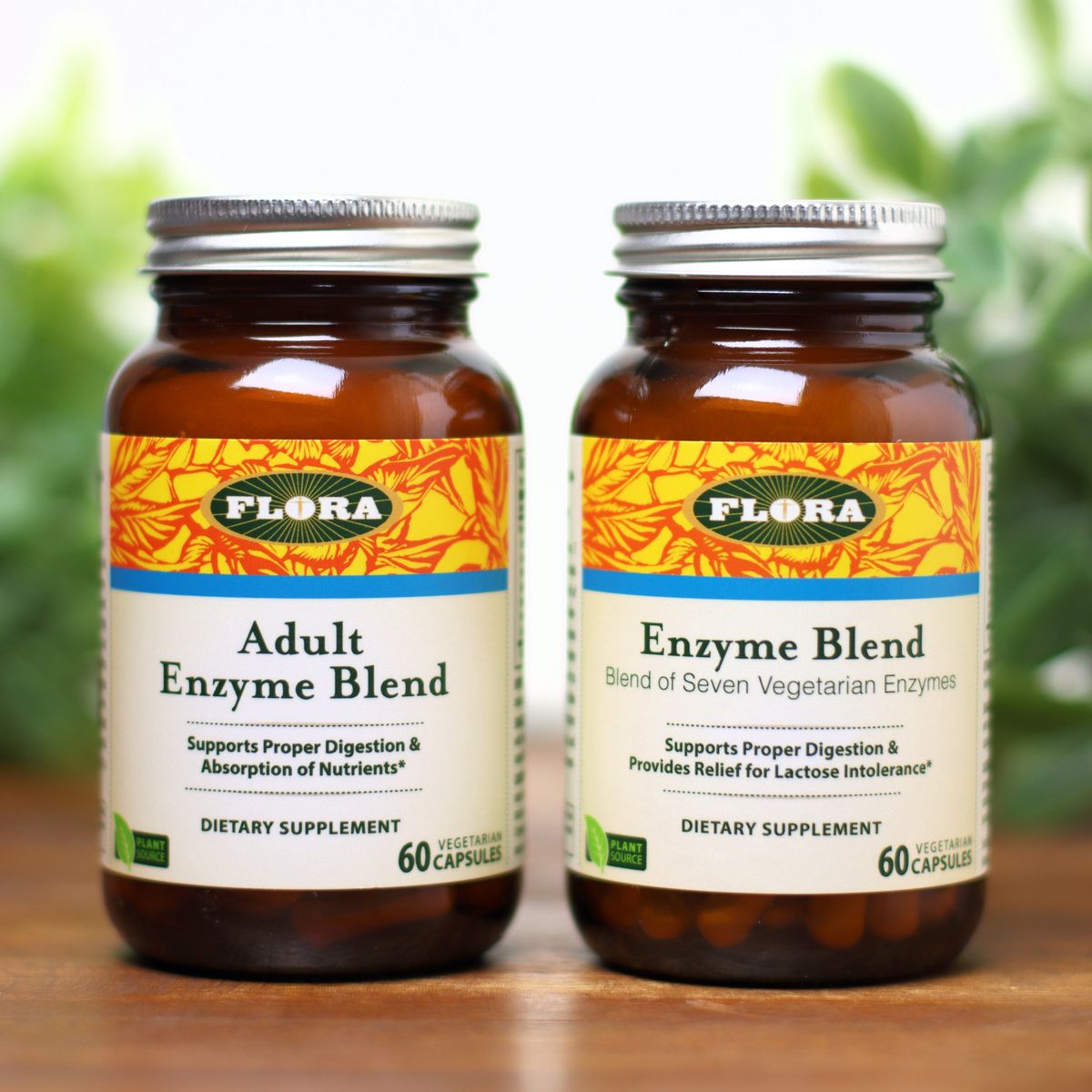 A bottle of Enzyme Blend and Advanced Adult Enzyme Blend from Flora