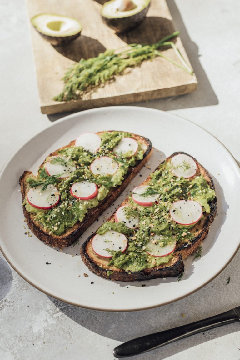 Avocado Toast with Kale Pesto and Crunchy Veggies new year's day brunch ideas
