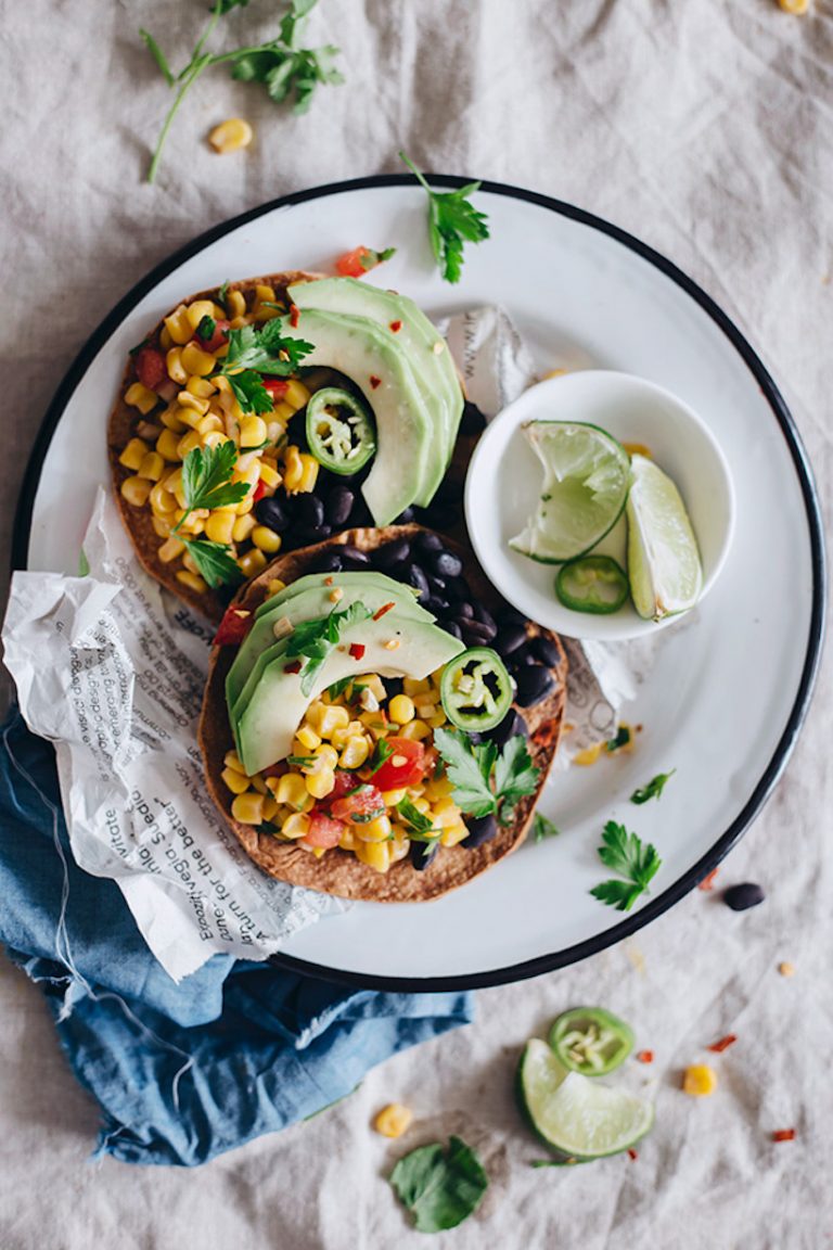 Spicy Black Bean Tostadas With Corn Salsa and Avocado new year's day brunch ideas