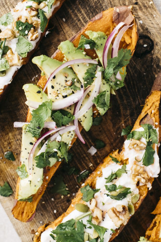 Whole Roasted Sweet Potato With Avocado and Onion new year's day brunch ideas