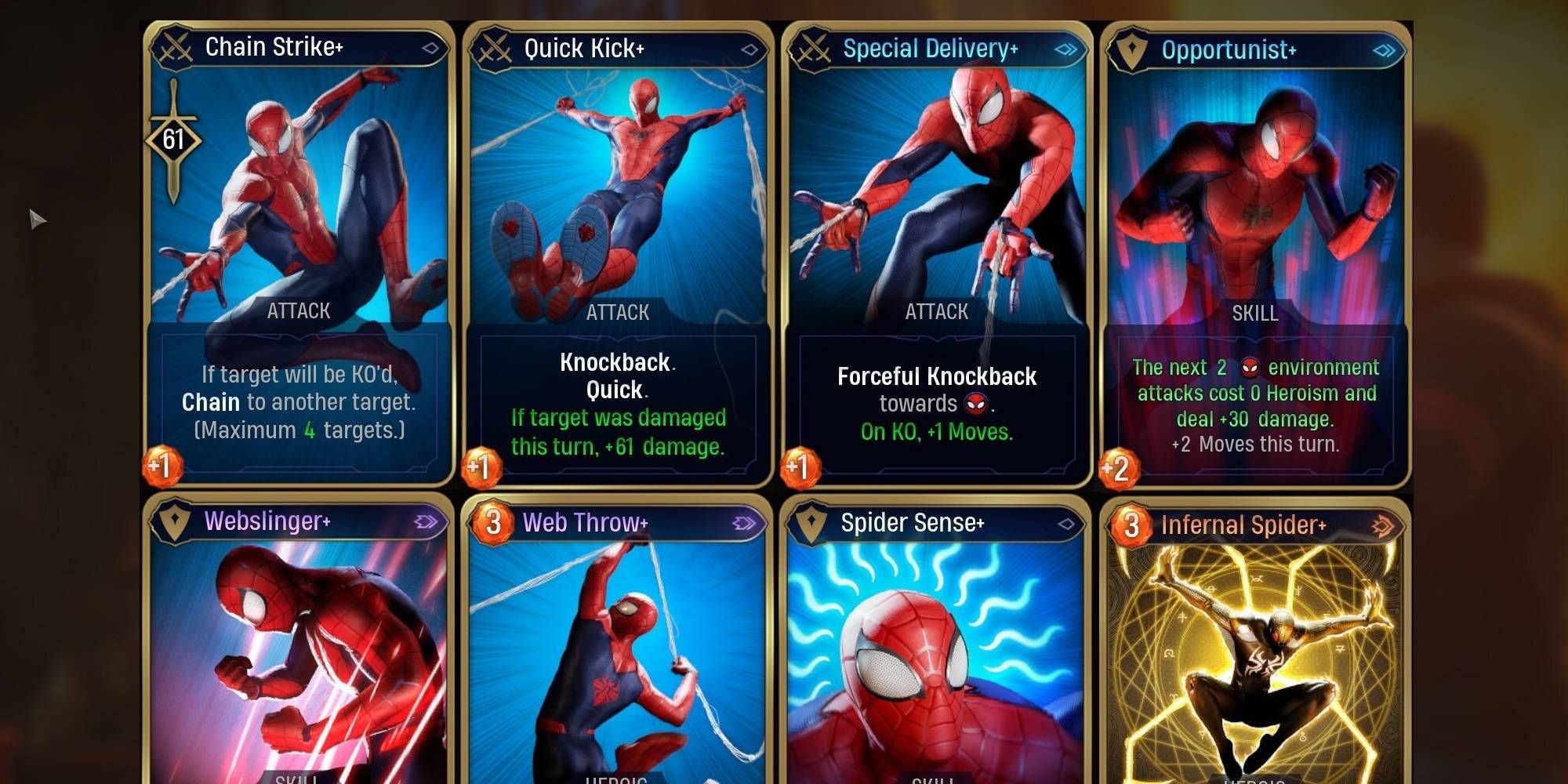 Marvel's Midnight Suns Spider-Man-Karten für Deck, einschließlich der ultimativen Karte, die durch Freundschaftslevel gewonnen wird